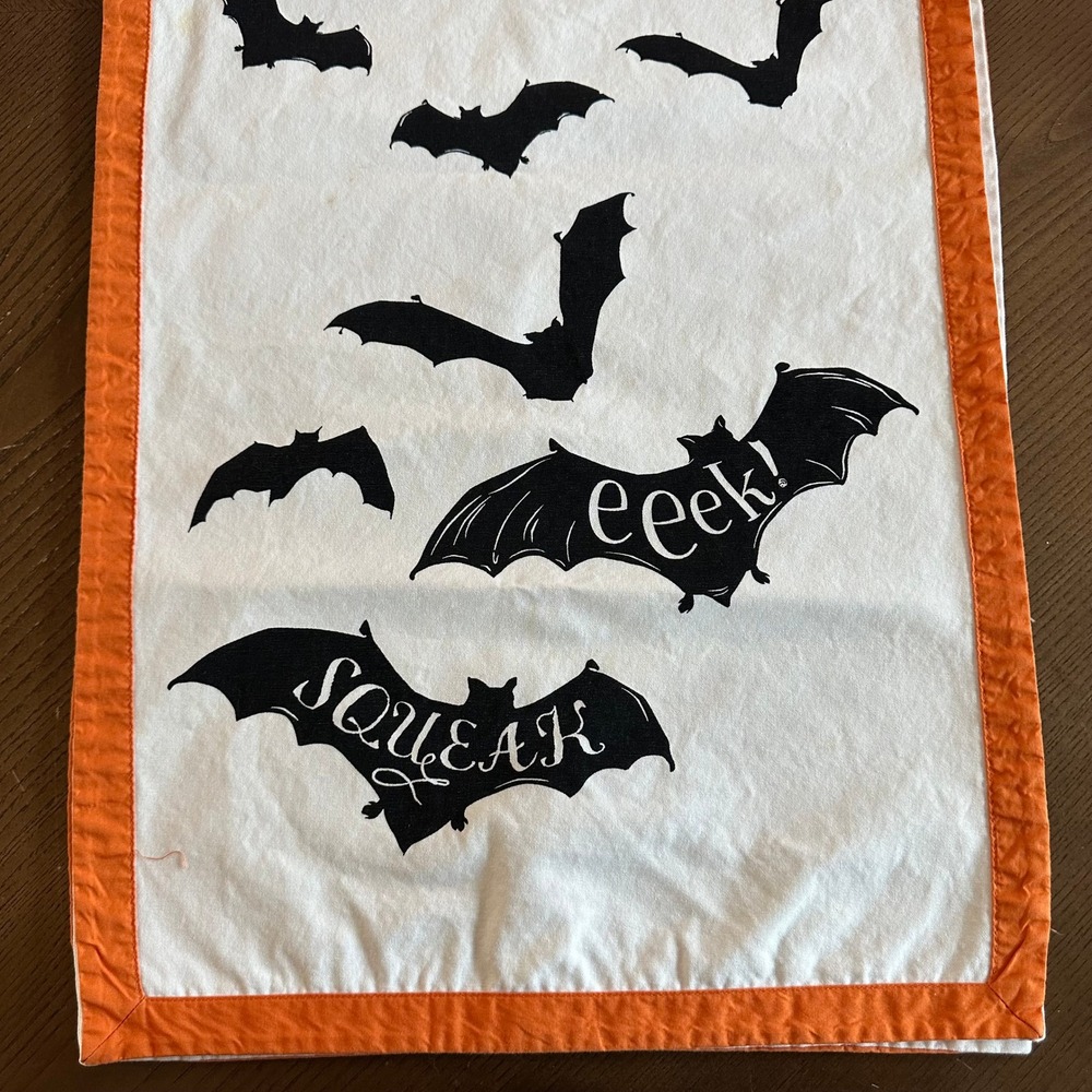Pottery Barn Kids Halloween Bat Table Runner White Orange Eeek Squeak 17x64